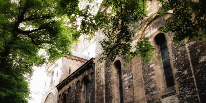 2014-05 Bomen vormen een prachtig lichtspel buiten de kerk (Maastricht)